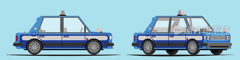 简单的蓝色出租车与左驱动器，侧视图和3/4视图
